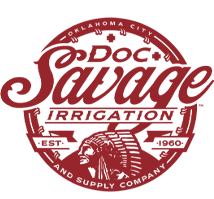 Doc Savage Irrigation and Supply round logo with Indian in lower half in brick red color